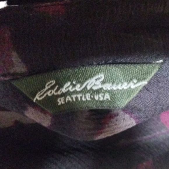 Sheer Long Sleeve V-Neck Top Eddie Bauer Size XS EUC Black & Pink Buttons Pocket - Picture 6 of 8